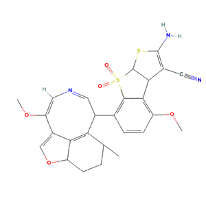 Thieno(2,3-b)(1)benzothiophene-3-carbonitrile, 3a,8a-dihydro-2-amino-4-methoxy-7-(10-methoxy-5-methyl-4,5,6,7-tetrahydro-3H-furo(4,3,2-fg)(3)benzazocin-6-yl)-, 8,8-dioxide